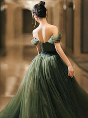 Simple green tulle long prom dress, green tulle evening dress