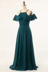 Hunter Green Cold Shoulder Ruffled Bridesmaid Dress