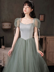 Green tulle long prom dress, green tulle formal dress