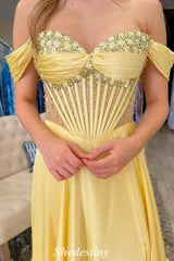 A-Line Yellow Off the Shoulder Beaded Corset Prom Dress