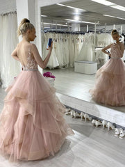 Pink round neck tulle lace long prom dress, lace sweet 16 dress