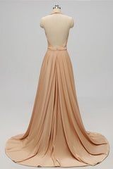 Backless Champagne Halter long Bridesmaid Dress