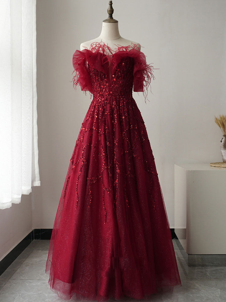 Burgundy tulle sequin long prom dress, burgundy evening dress