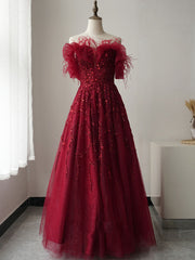 Burgundy tulle sequin long prom dress, burgundy evening dress