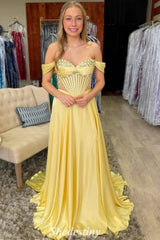 A-Line Yellow Off the Shoulder Beaded Corset Prom Dress