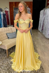 A-Line Yellow Off the Shoulder Beaded Corset Prom Dress