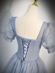 Gray blue tulle sequin long prom dress, gray blue evening dress