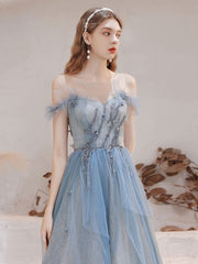Blue tulle lace off shoulder long prom dress, blue evening dress