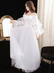Simple white tulle long prom dress, white tulle formal dress