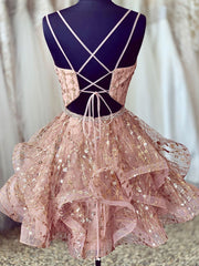 Pink v neck tulle short prom dress, pink homecoming dress