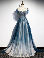Blue tulle long prom dress, blue beads long evening dress