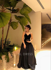 A-line V-Neck Black Straps Long formal dresses Bridesmaid Dresses evening gown Prom Dress