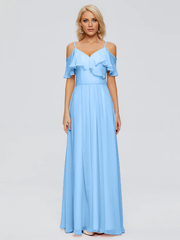 Thin shoulder strap ruffled chiffon and floor length bridesmaid dress