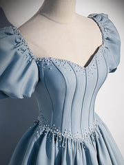 Light blue satin long prom dress, blue sweet 16 dress