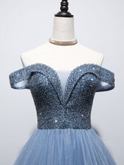 Unique blue tulle beads long prom dress, blue tulle evening dress