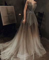 Elegant v neck tulle sequin long prom dress tulle formal dress