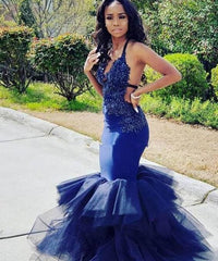 Royal Blue Mermaid African Prom Dress Sexy Spaghetti Straps Open Back Appliques Beaded Tiered Tulle Floor Length Evening Dresses  cg6913