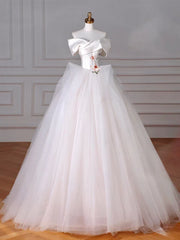 A-Line Off Shoulder Tulle Beige Long Wedding Dress