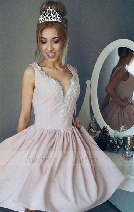 A-Line V-Neck Ruched Short Pearl Pink Satin Homecoming Dress with Beading