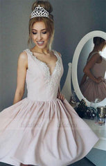A-Line V-Neck Ruched Short Pearl Pink Satin Homecoming Dress with Beading