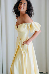 Off Shoulder Ruffles Long Yellow Prom Dress with Slit