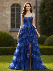 Tiered Ruffle Embellished Spaghetti Strap Gown Royal Blue