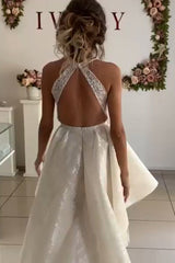 Princess A-line Halter High Low Ivory Lace Wedding Dress with Train