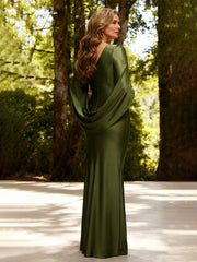 Pleated Bateau Neck Draped Sheath Long Dress Olive Green