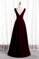 Wine Red Velvet V-neckline Simple Long Party Dress, Wine Red Bridesmaid Dress