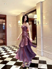 Purple Satin Straps Mermaid Long Formal Dress, Purple Prom Dress Evening Dress