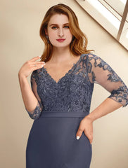 A-Line Mother of the Bride Dresses Plus Size Hide Belly Curve Elegant Dress Formal Ankle Length Half Sleeve V Neck Chiffon with Ruffles Appliques