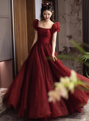 Wine Red Short Sleeves Tulle Long Party Dress, Wine Red A-line Floor Length Prom Dress