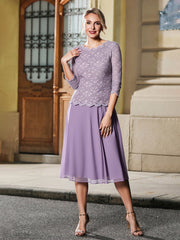 A-Line Lace Top 3/4 Sleeves Chiffon Knee-length Dress Tahiti