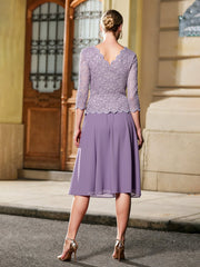 A-Line Lace Top 3/4 Sleeves Chiffon Knee-length Dress Tahiti