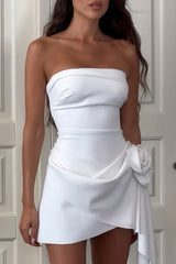 solid color pleated flower  strapless evening dress