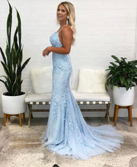 Tulle Mermaid Long Prom Dresses with Appliques and Beading