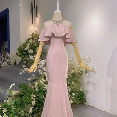 Pink Vintage Off The Shoulder Long Mermaid Prom Dress，Elegant Evening Dress SH642