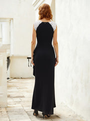 Lace Scoop Neck Ruffles Sheath Floor-length Dress Black