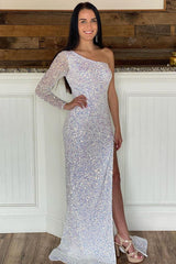 Sparkly Blue Sequind Long Sleeve Prom Dress