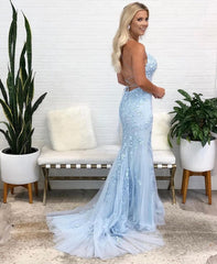 Tulle Mermaid Long Prom Dresses with Appliques and Beading