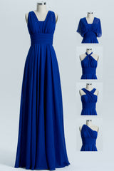Royal Blue A-Line Chiffon Long Convertible Bridesmaid Dress