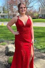 V-Neck Mermaid Sleeveless Lace Appliques Prom Dress with High Slit