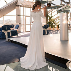 Vintage 3/4 Sleeve O-Neck Wedding Dress A-Line Lace Appliques Satin Civil Bridal Gown With Zipper Back Floor Length