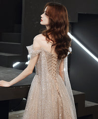 Champagne tulle one shoulder long prom dress tulle evening dress