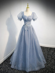Gray blue tulle sequin long prom dress, gray blue evening dress