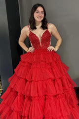 Spaghetti Strap V-Neck Sleeveless Ruffle Tiered Tulle Long Ball Gown