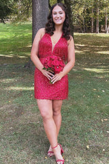Gold Sequin Fringe Plunge V Bodycon Short Homecoming Dress