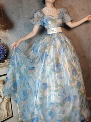 Retro Blue A-Line Printed Chiffon Long Evening Gowns Birthday Outfits, HZ0319