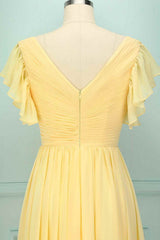 Yellow V-Neck Ruffled Pleated Bridesmaid Dress