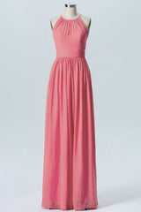 Coral Pink Chiffon Halter Sleeveless Bridesmaid Dress